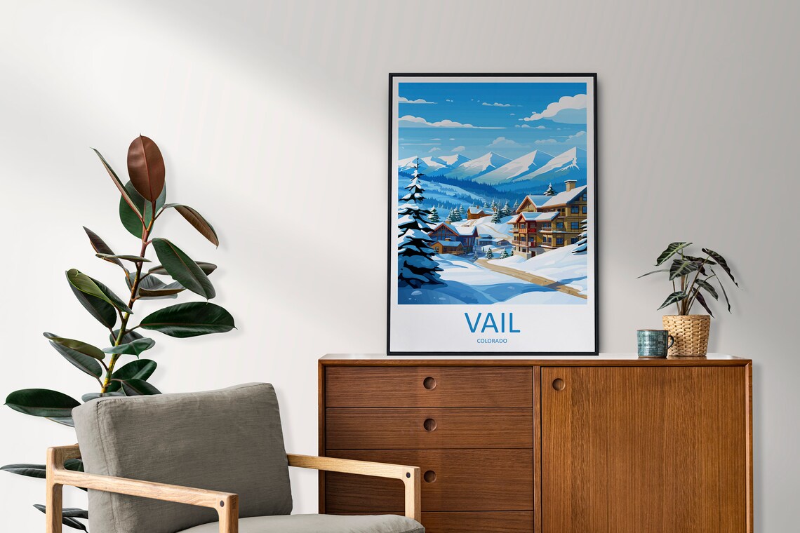 Vail Colorado Snowy Ski Village Winter Illustration Travel Poster - Image 2