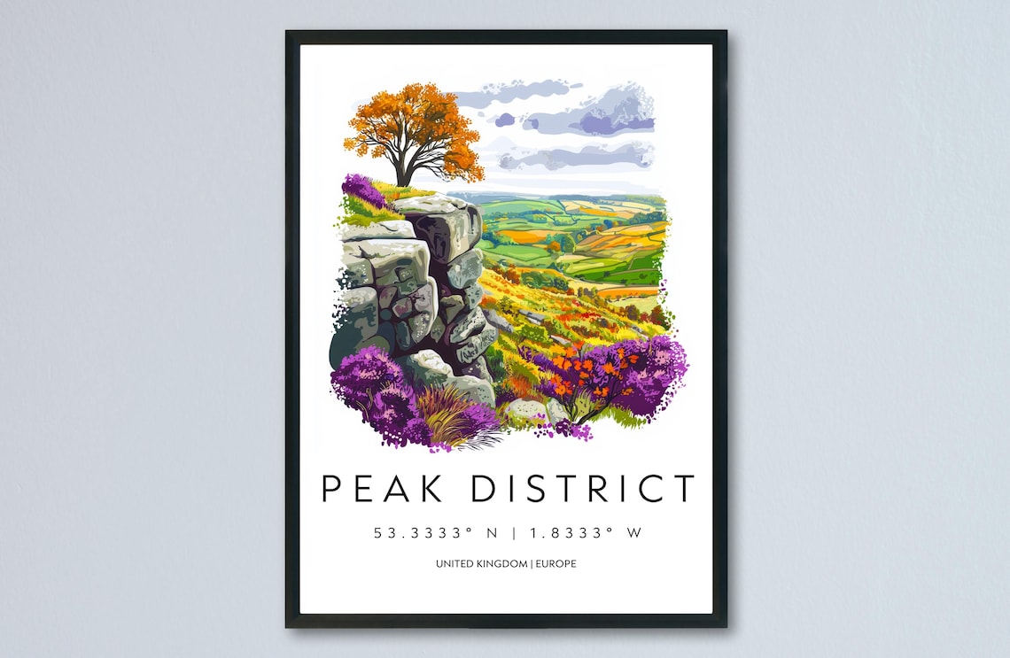Peak District Rocky Outcrop Autumn Valley Watercolor Travel Poster