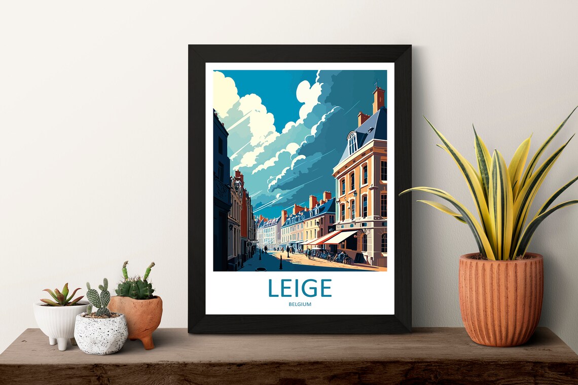 Leige Belgium Sunny Old Town Street Cafe Terrace Travel Poster - Image 3