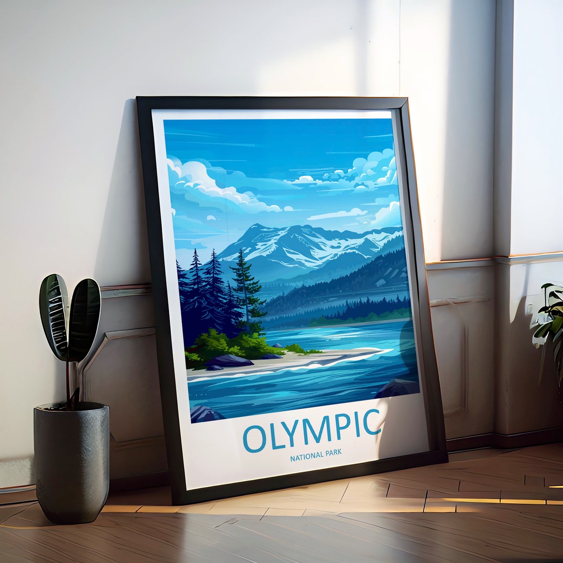 Olympic National Park Snowy Peaks River Washington Art Poster