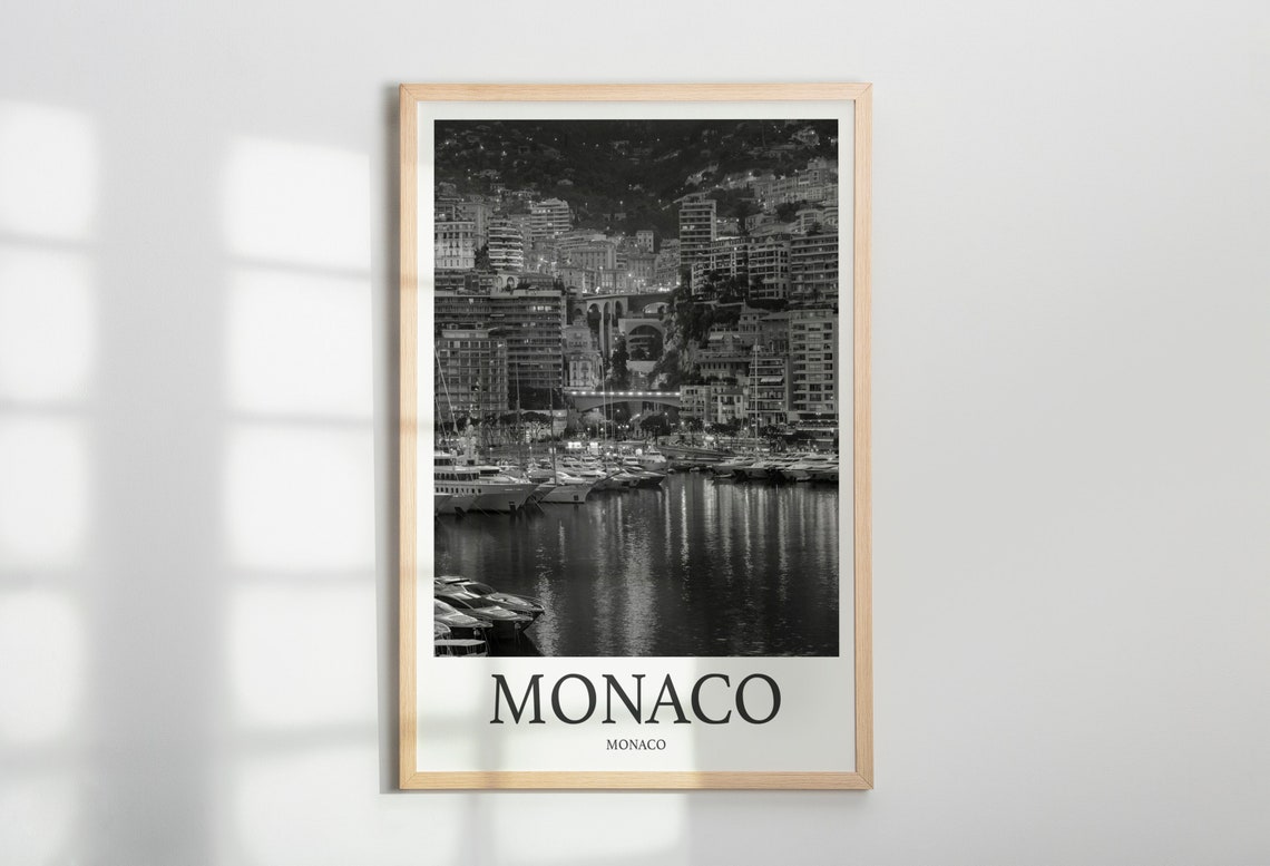 Monaco Monte Carlo Harbor Night Lights Black White Photo Poster