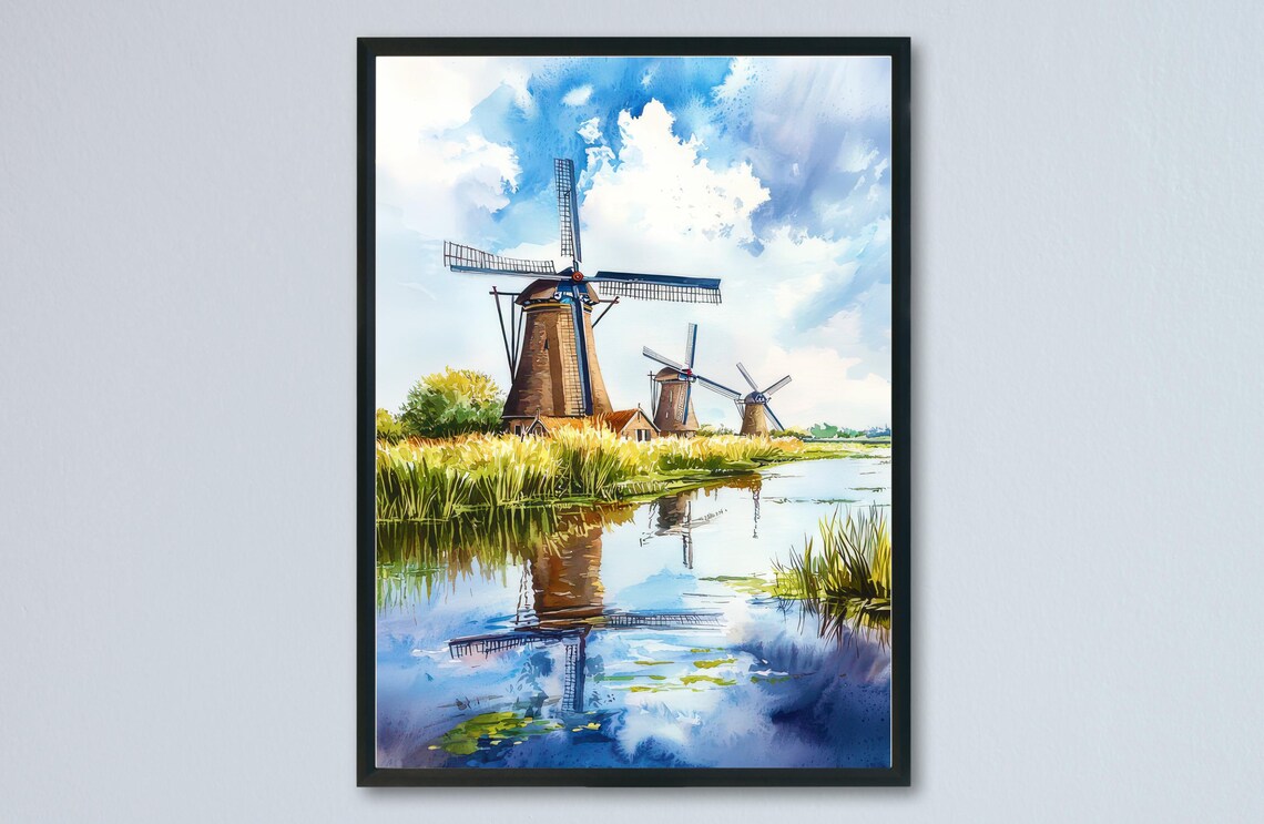 Kinderdijk Windmills Netherlands Watercolor Canal Travel Poster