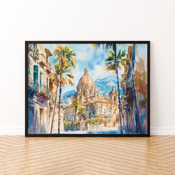 Palermo Watercolor Travel Poster, Italy Landscape