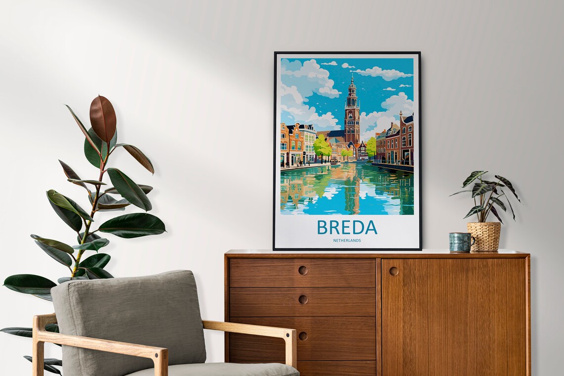 Breda Netherlands Canal Church Tower and Gabled Houses Poster - Image 2