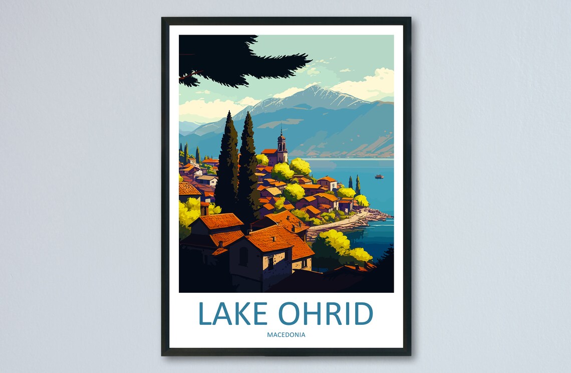 Scenic Vintage Lake Ohrid Lakeside Town Macedonia Travel Poster