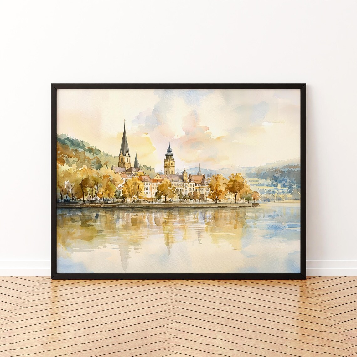 Koblenz Germany Watercolor Poster Riverside Old Town Churches Autumn View