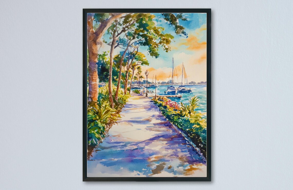 Waterfront Promenade Sailboats Sunset Watercolor Travel Poster