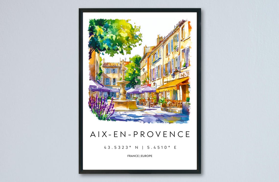 Aix En Provence Watercolor Poster Travel Print France Wall Art Decor City Scene Lavender Market French Town View