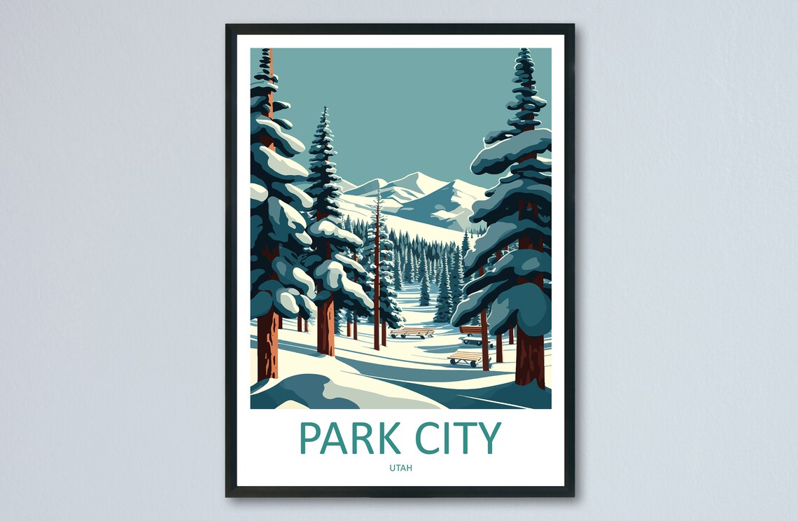 Park City Utah Snowy Pine Forest Winter Wonderland Travel Poster