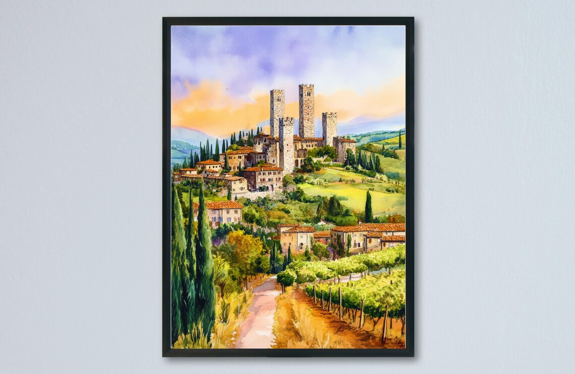 Medieval Hill Town Towers Vineyard Watercolor Landscape Poster