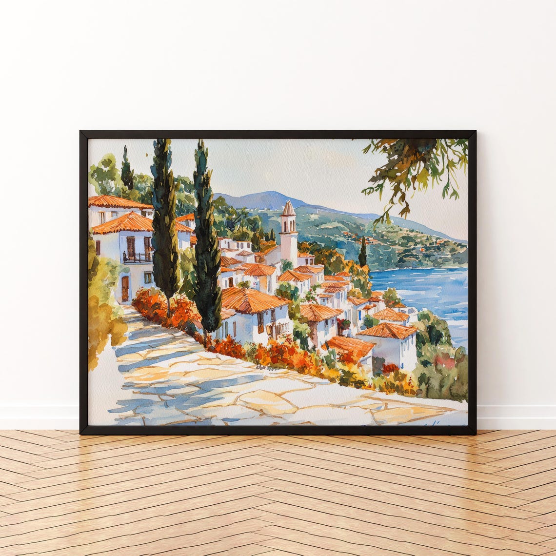 Skiathos Watercolor Poster Landscape Wall Art Hanging Home Dcor Gift Lovers Greece