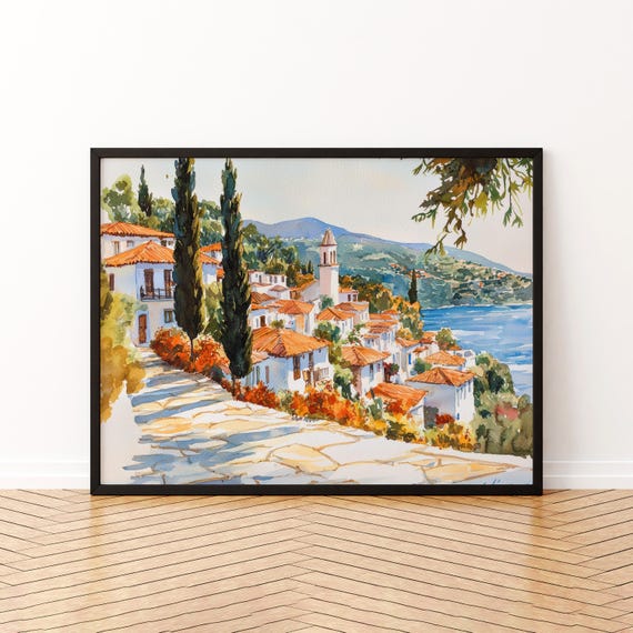 Skiathos Watercolor Poster Landscape Wall Art Hanging Home Dcor Gift Lovers Greece