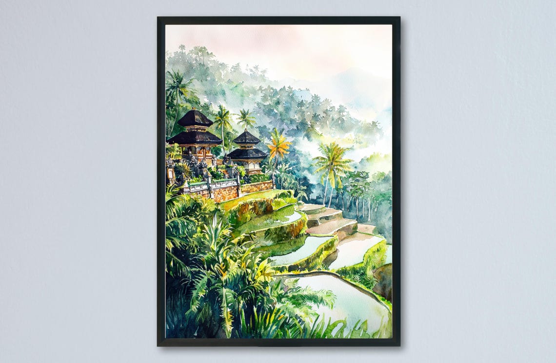 Bali Rice Terraces Temple Misty Jungle Indonesia Watercolor Poster