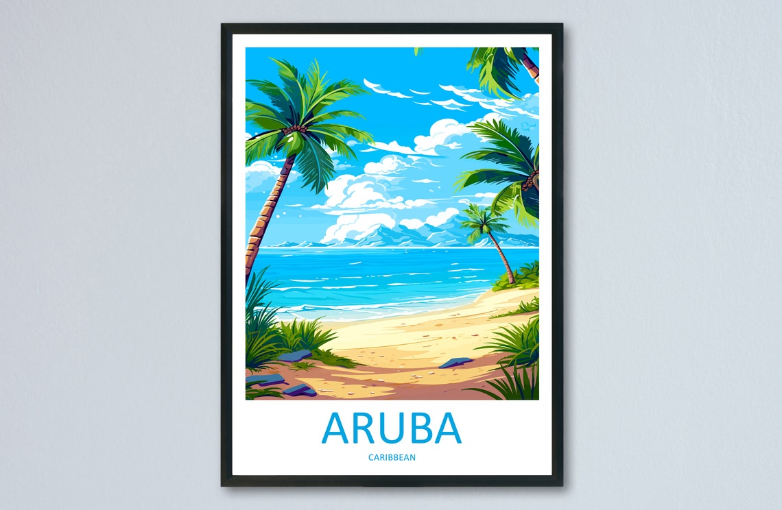 Aruba Caribbean Beach Golden Sand Palm Trees Scenic Travel Poster