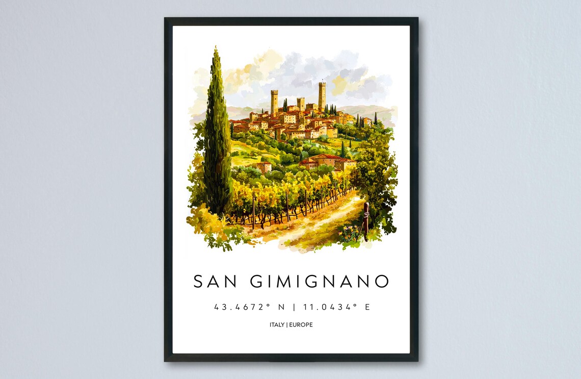 San Gimignano Italy Watercolor Travel Poster Medieval Towers View