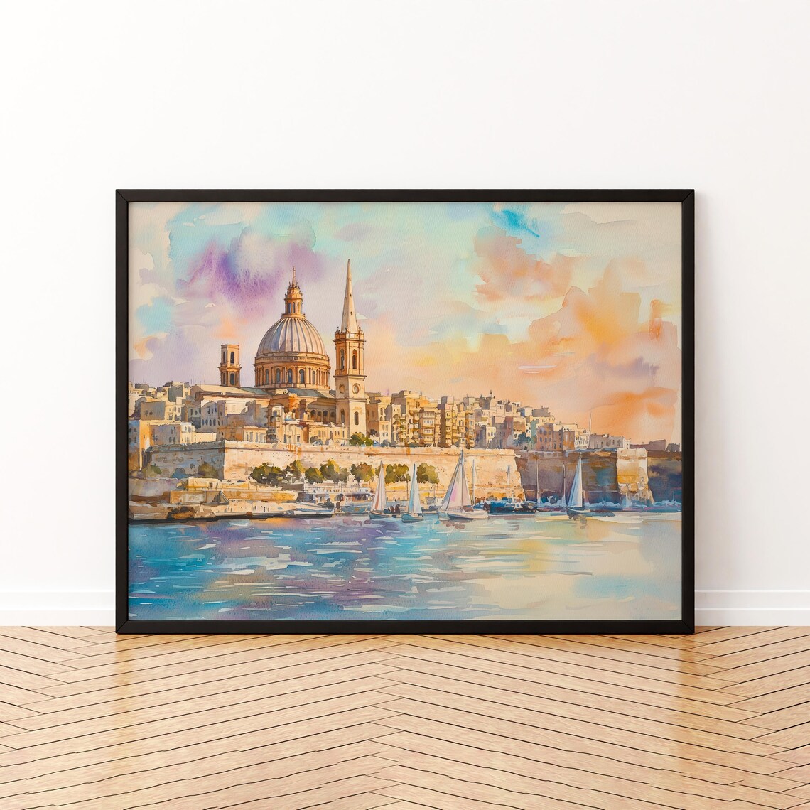 Valletta Watercolor Travel Poster, Malta Landscape