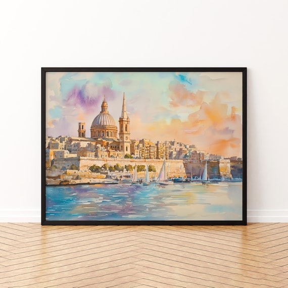 Valletta Watercolor Travel Poster, Malta Landscape