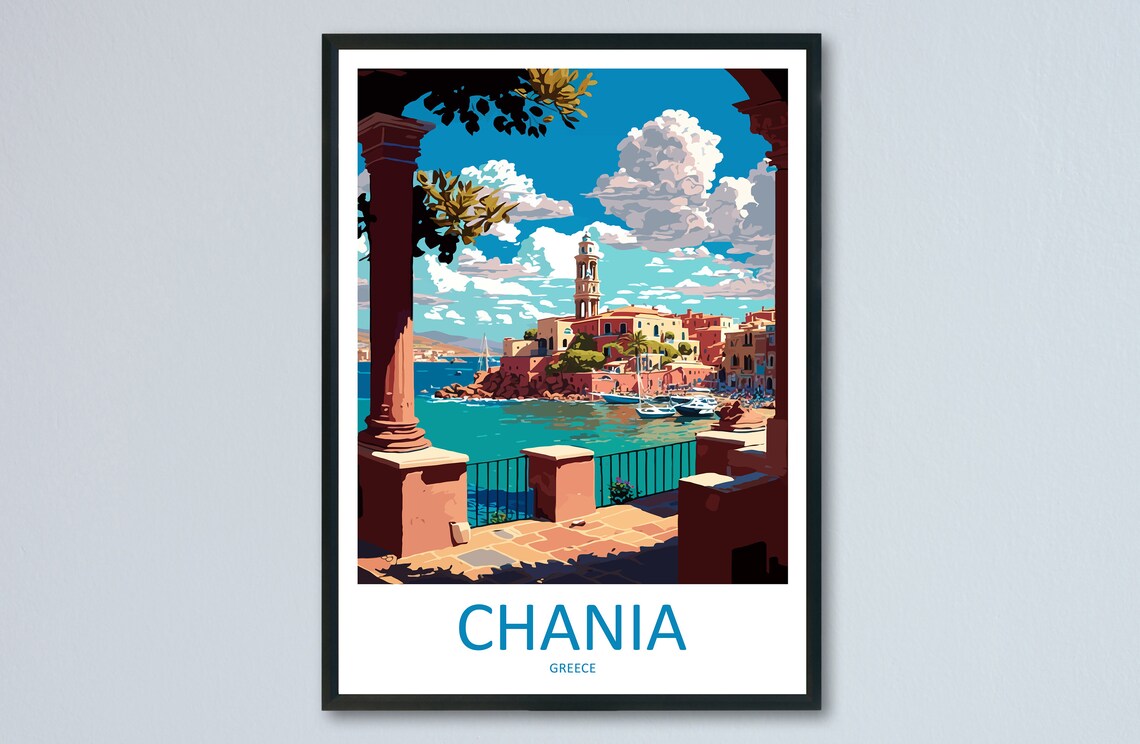 Chania Greece Old Harbor Lighthouse Seaside Terrace View Poster