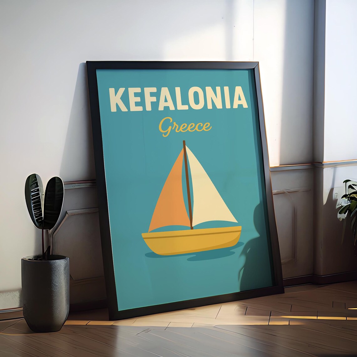 Kefalonia Greece Yellow Sailboat Aegean Sea Retro Travel Poster