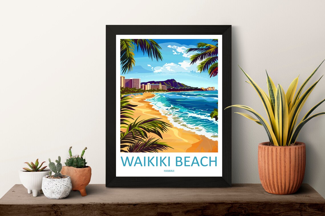 Waikiki Beach Hawaii Diamond Head Surf Shoreline Travel Poster - Image 3