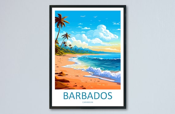 Barbados Palm Beach Rolling Surf Sunset Caribbean Travel Poster