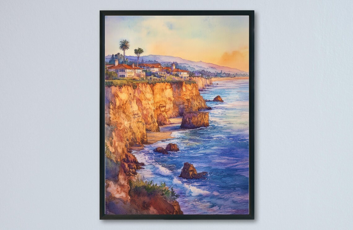 Newport Beach Cliffside Homes Sunset Ocean Watercolor Art Poster