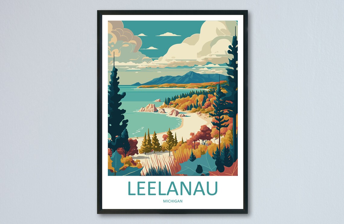 Leelanau Michigan Autumn Lakeshore Scenic Vintage Travel Poster