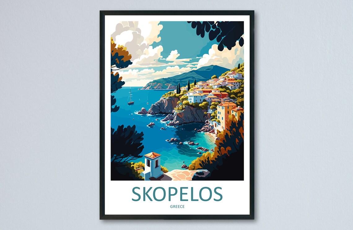 Skopelos Greece Island Coastal Cliff Town Aegean Sea Travel Poster