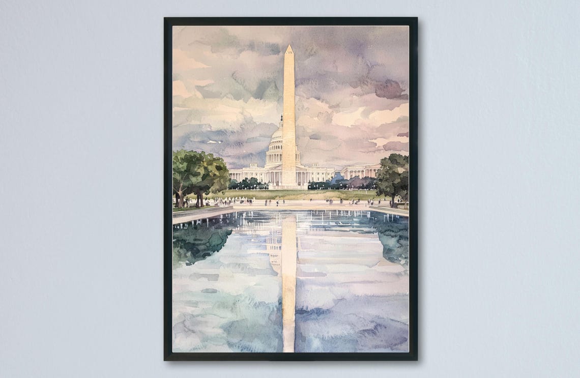 Washington DC Monument Capitol Reflecting Pool Watercolor Poster