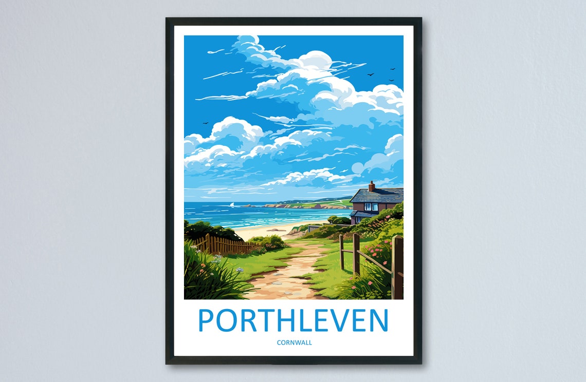 Porthleven Cornwall Coastal Path Travel Poster Golden Beach Art
