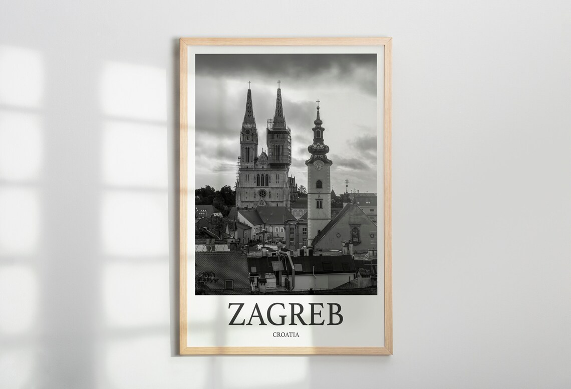 Zagreb Croatia Cathedral Towers Black and White Cityscape Poster