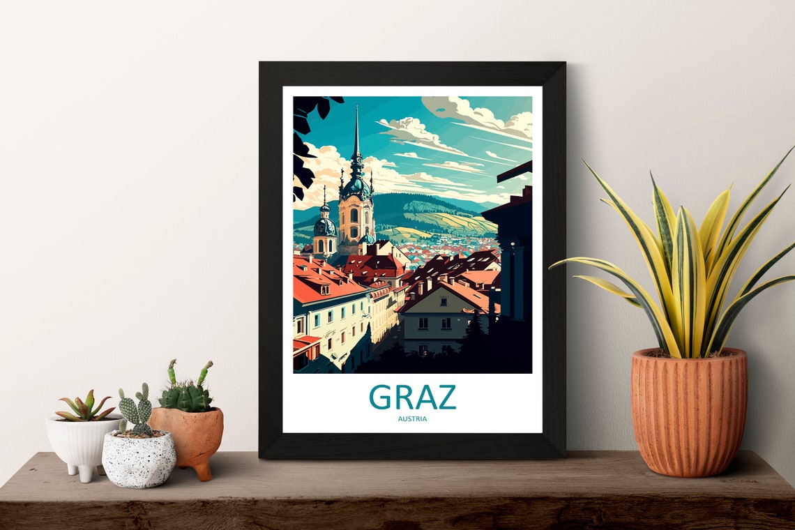Graz Austria Old Town Rooftops Church Spire Vintage Travel Poster - Image 3