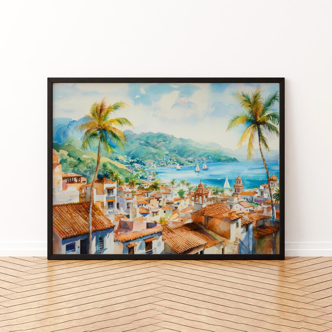Mediterranean Coastal Town Terracotta Roofs Watercolor Print