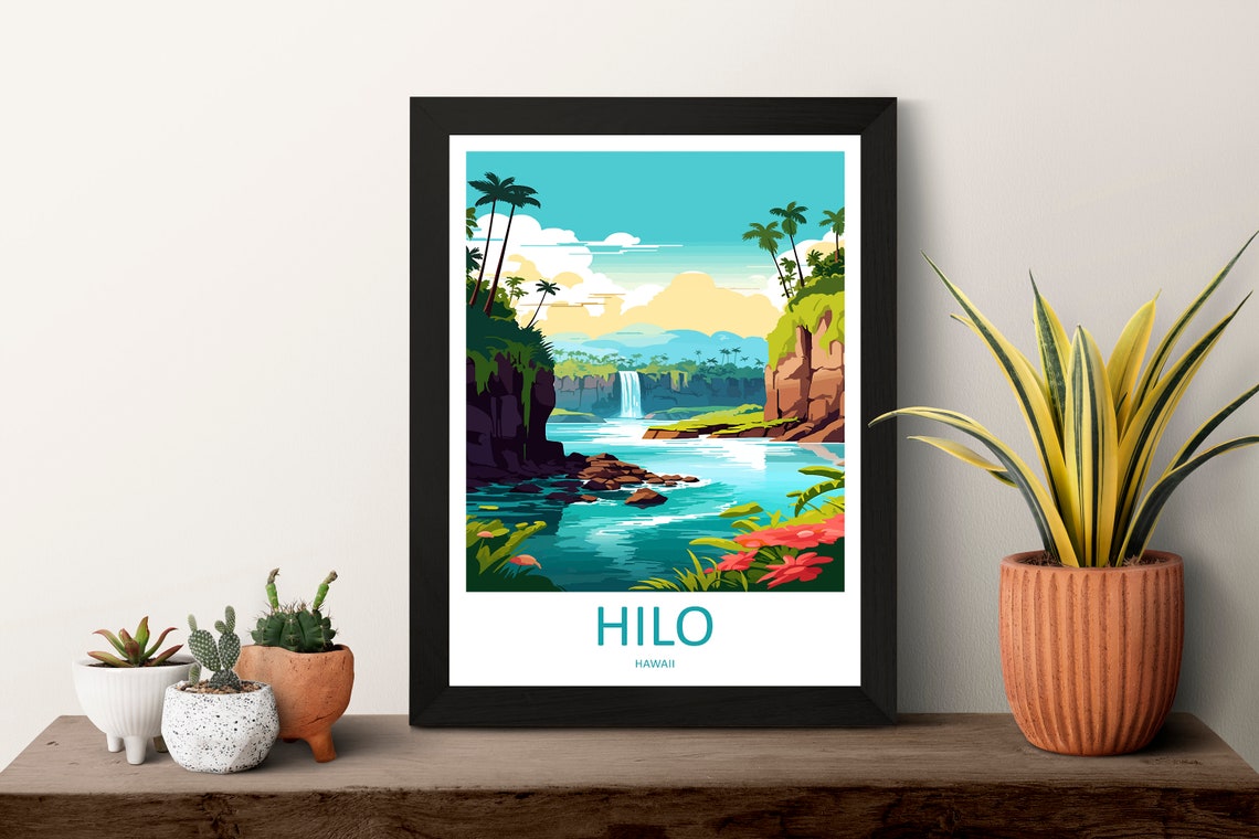 Hilo Hawaii Tropical Waterfall Lagoon Palm Cliffs Island Travel Poster - Image 3