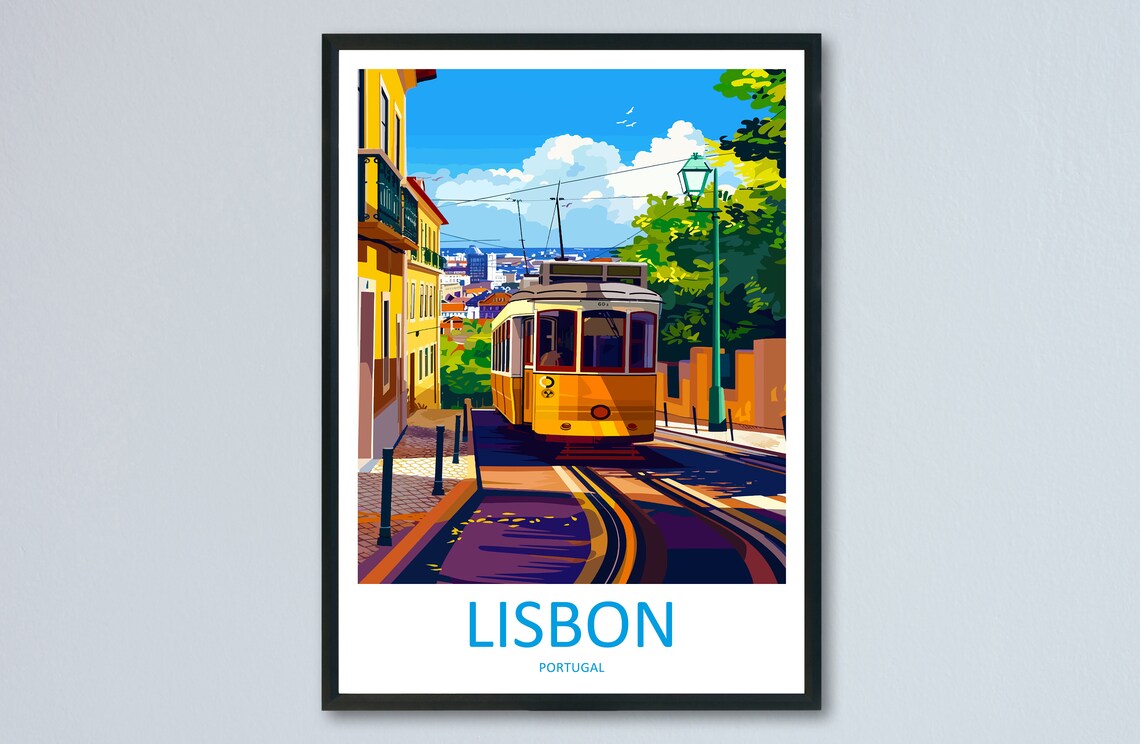 Lisbon Portugal Vintage Steep Yellow Tram Hillside Street Poster