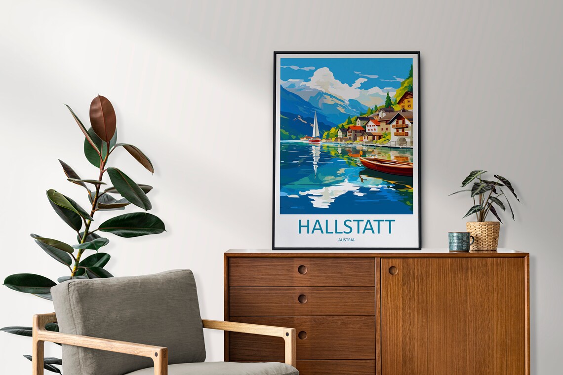 Hallstatt Austria Sailboat Lake View Village Scene Travel Poster - Image 2