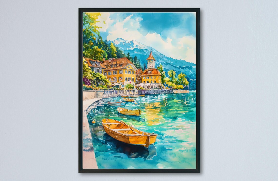 Vevey Switzerland Lake Geneva Boats Lakeside Town Watercolor Poster