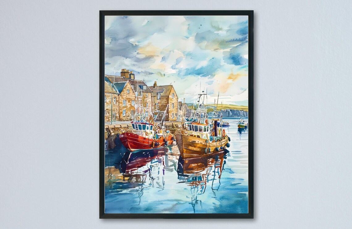 Wick Harbour Fishing Boats Watercolor Scottish Coastal Town Poster