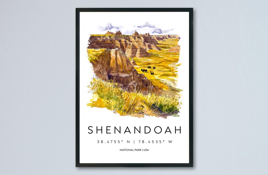 Shenandoah Virginia Watercolor Canyon Vista Bison Herd National Park Poster