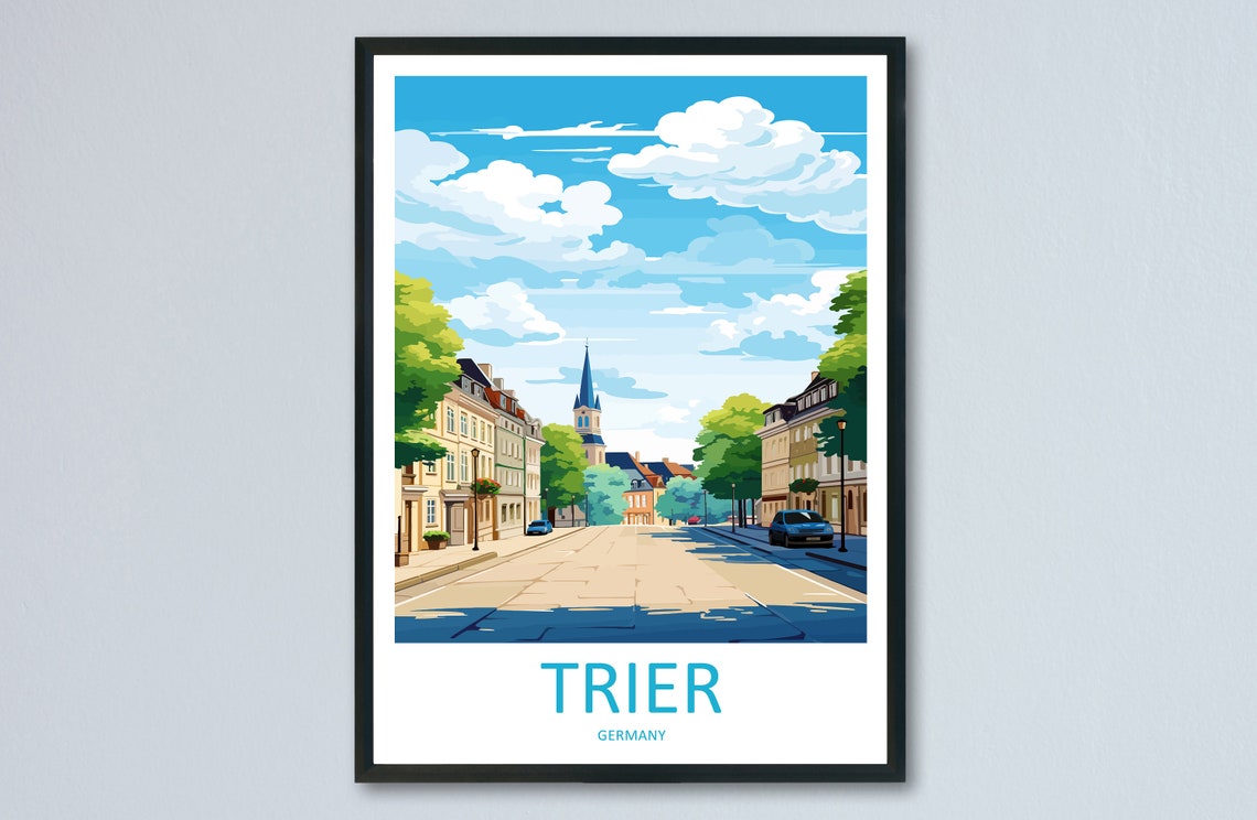 Trier Germany Tree Lined Avenue Church Spire Germany Travel Poster