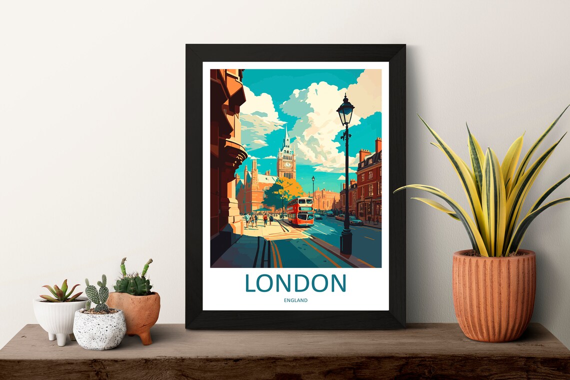London England Red Double Decker Bus Big Ben Street Scene Poster - Image 3