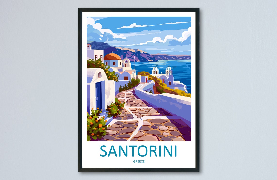 Santorini Greece Whitewashed Lane Orange Domes Caldera Travel Poster