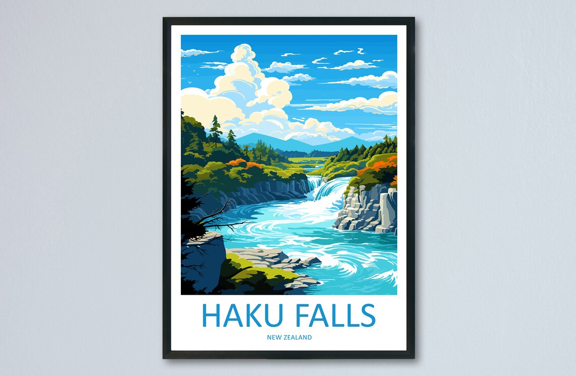 Haku Falls Rushing Waterfall New Zealand Nature Travel Poster