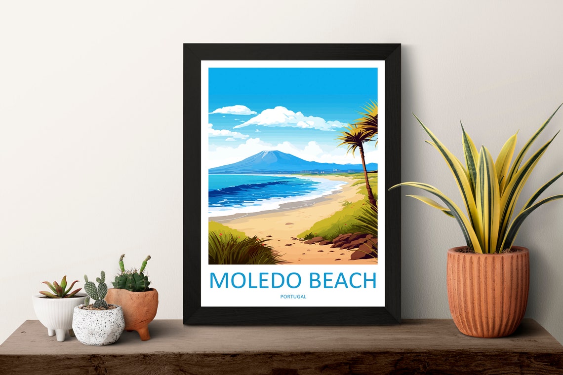 Moledo Beach Portugal Surf Palms Mountain Coast Travel Poster Art - Image 3