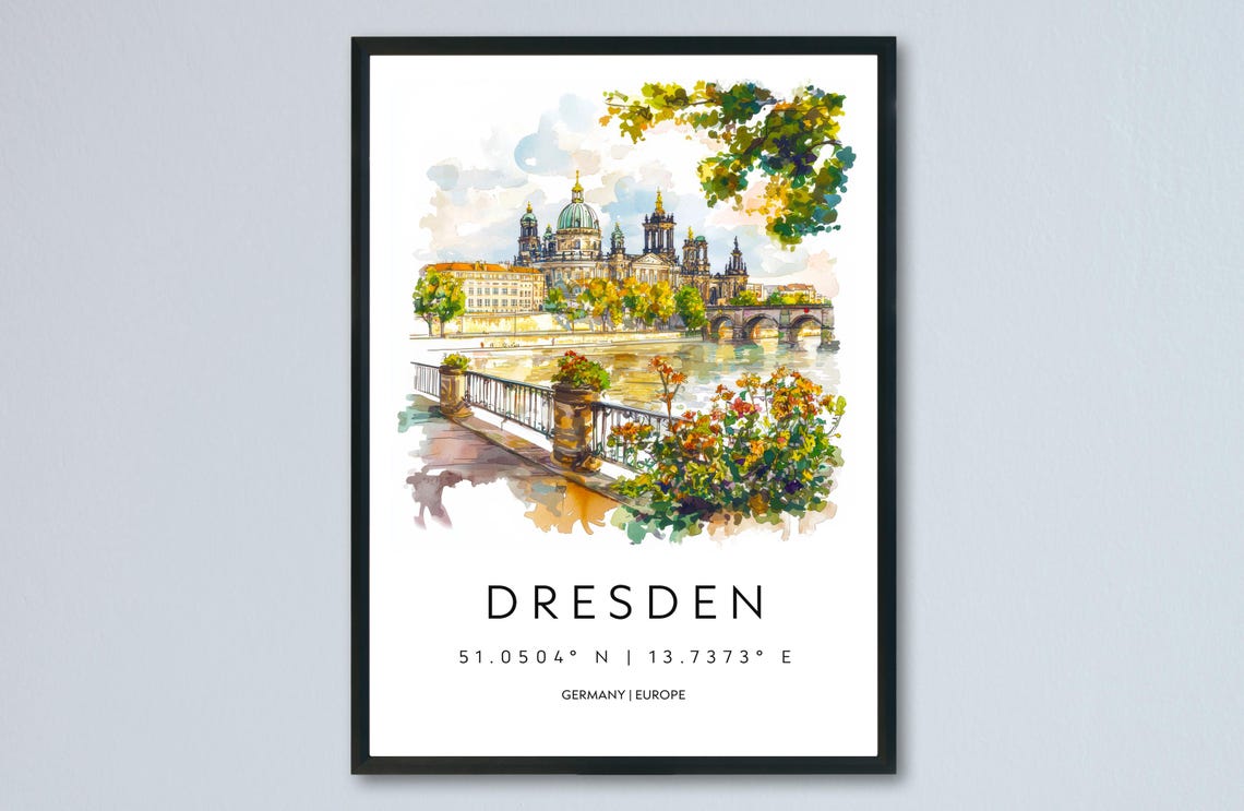 Dresden Watercolor Germany Elbe Riverside Cathedral Travel Poster