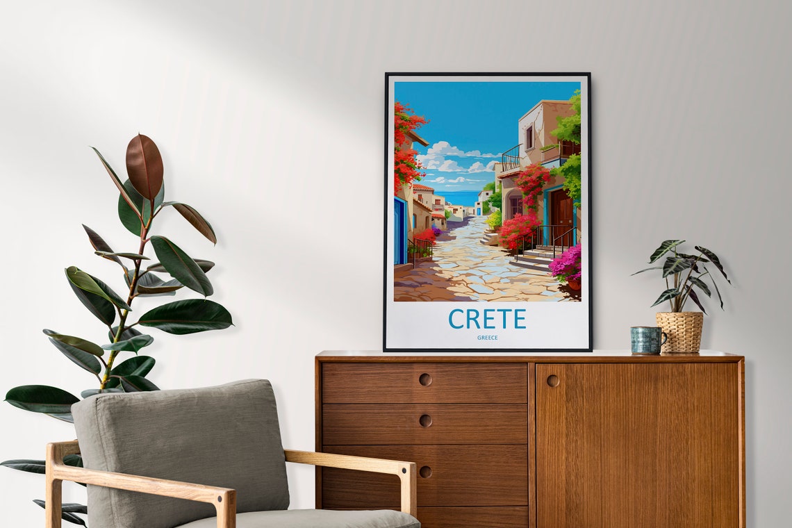 Crete Greece Charming Village Street Bougainvillea Sea Poster - Image 2