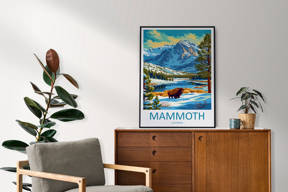 Mammoth California Snowy Mountain Bison Winter Lake Travel Poster - Image 2