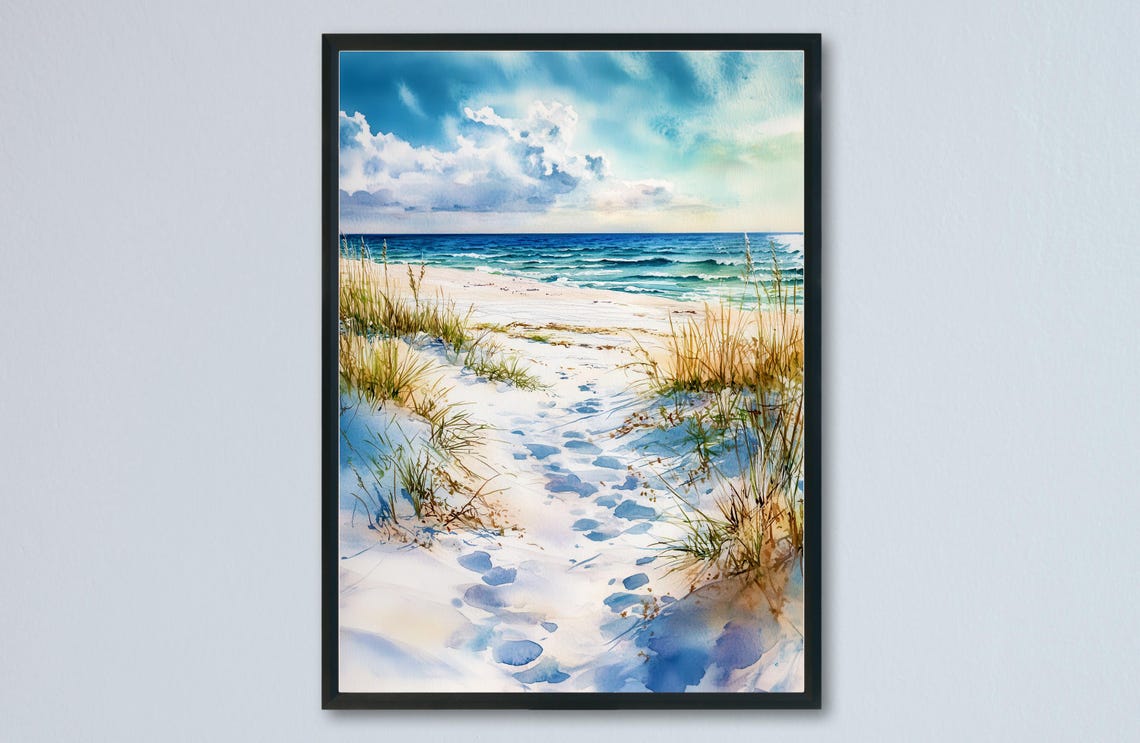 Windy Sand Dune Beach Grass Ocean Path Watercolor Seascape Poster