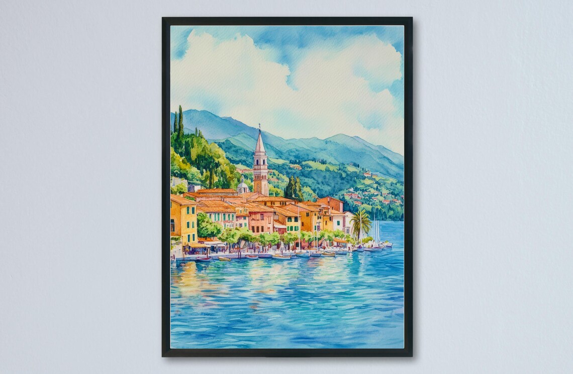 Colorful Lakeside Town Church Spire Sailboats Watercolor Poster