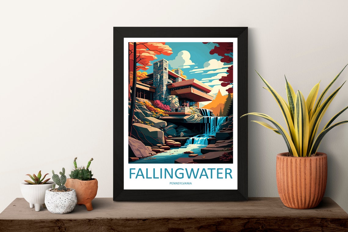 Fallingwater Frank Lloyd Wright Waterfall House Design Travel Poster - Image 3